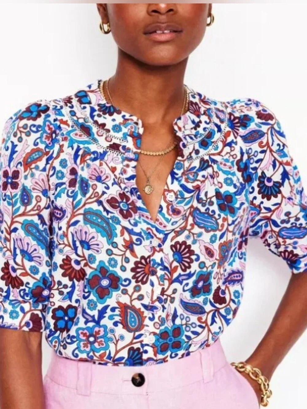 Boden Bea Linen Floral Top White Blue Size 2